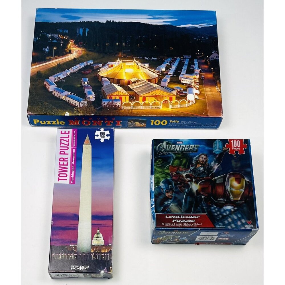 Lot 3 JIGSAW PUZZLES 100pc Circus Monti Washington Monument Avengers COMPLETE